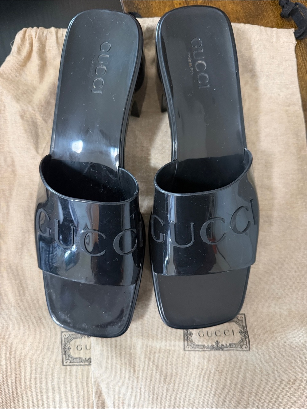 Gucci Black Patent Logo Slide Mules with Block Heel